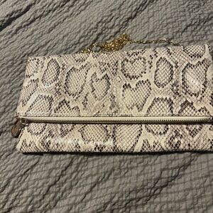 Snake-Print Foldover Crossbody Clutch in Ivory
